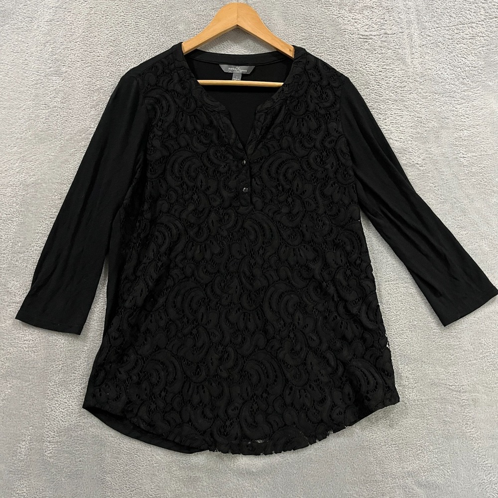 Market & Spruce Tarina Mixed Material Top Womens Large Black Floral Lace Overlay
